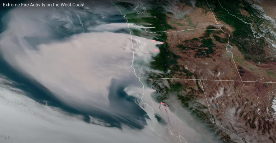 satellite image of California wildfire smoke over the Pacific